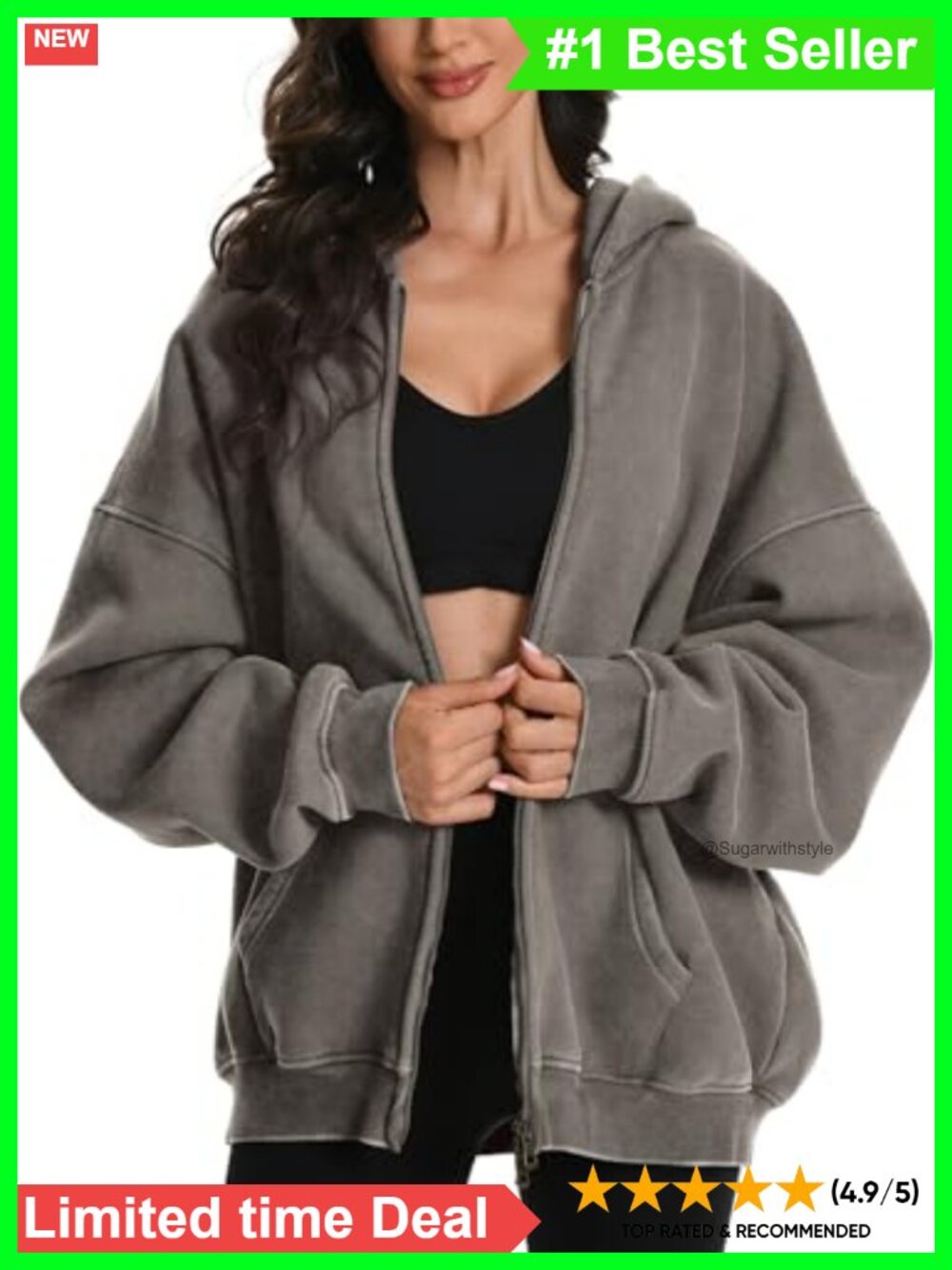 Unisex Oversized Acid Wash Zip Up Hoodie Heavyweight Distress Cotton Fleece